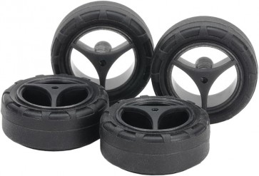 Tamiya Mini 4WD Grade Up Part No.543 Super Hard Small Dia. Narrow Tires (24mm) & Carbon Wheels (3-SPOKE, for SUPER X & XX CHASSIS), TAM55439, by TAMIYA