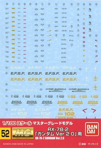 Bandai Gundam Decal 1/100 GD-52 MG RX-78-2 Gundam Ver. 2.0, BAN55335, by BANDAI