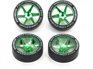 Tamiya [MINI 4WD SPECIAL PROJECT] Fully Cowled 30th Anniv. Super Hard Low Profile Tires & Matte Green Plated Wheels, TAM56661, by TAMIYA