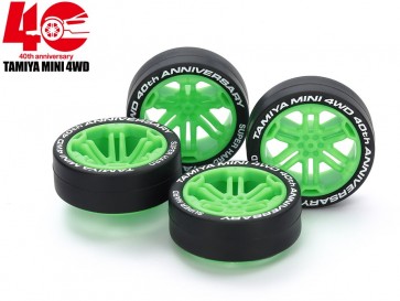 Tamiya Mini 4WD Grade Up Part MINI 4WD 40TH ANNIVERSARY SUPER HARD LOW-PROFILE TIRE & WHEEL SET (12-SPOKE), TAM56401, by TAMIYA
